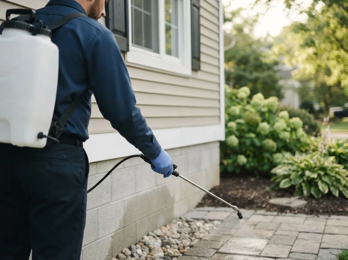 Pest control technician inspecting a home in Paris, OH
